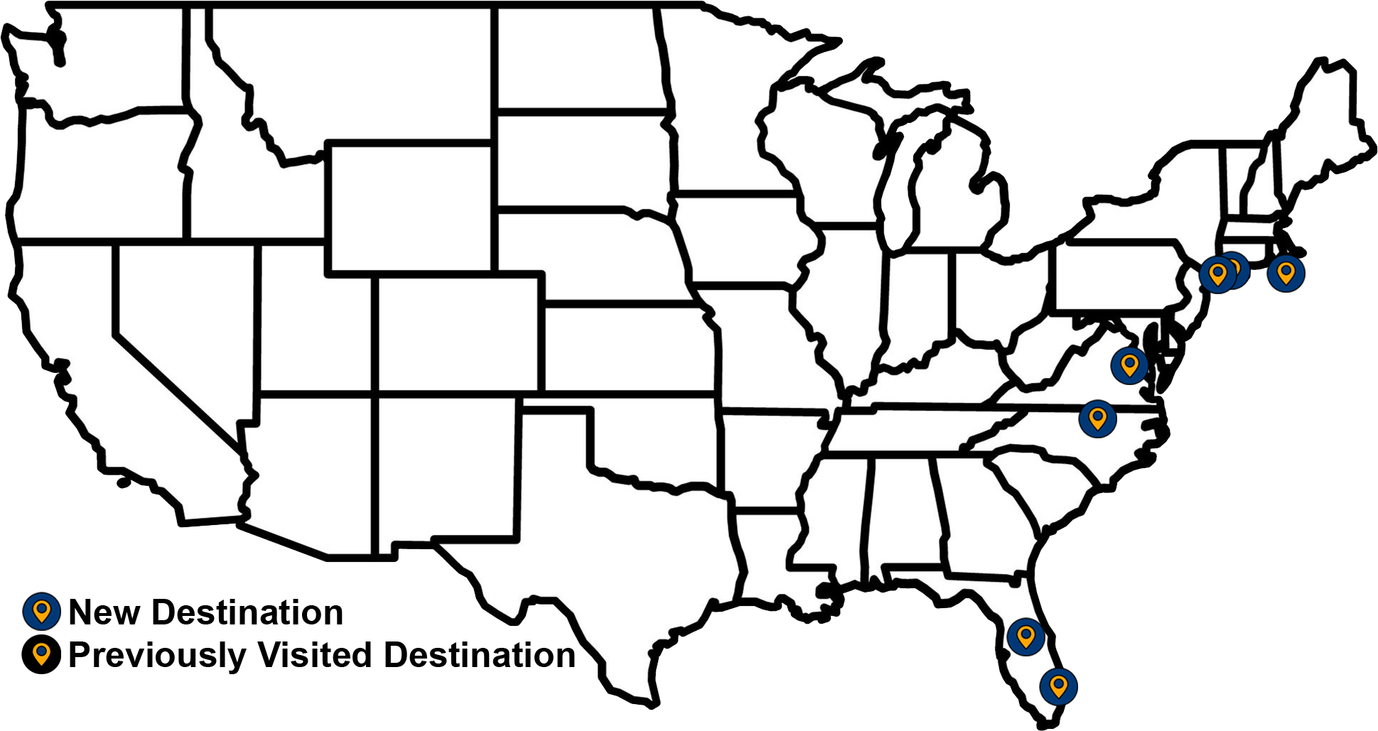 Map of Leg 2 in jetBlue 25 for 25 challenge showing 7 destinations over 2 days