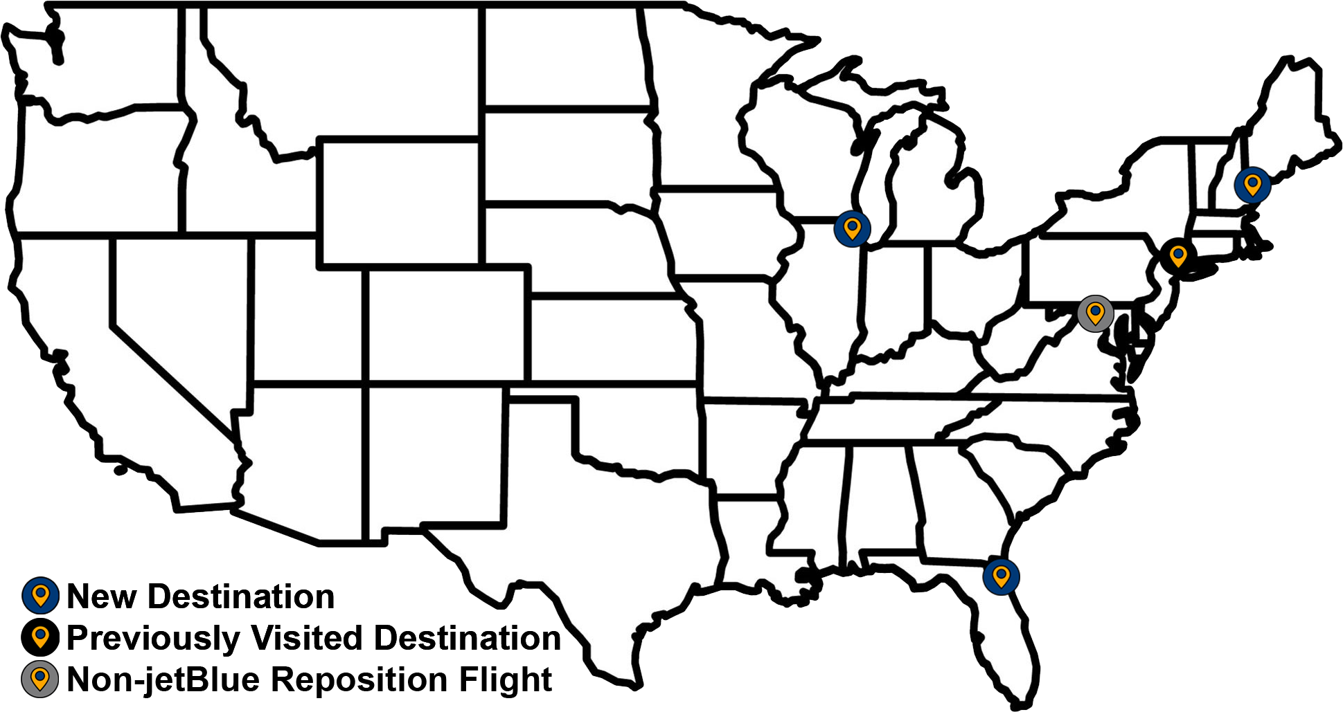 Map of Leg 4 in jetBlue 25 for 25 challenge showing 3 destinations over 2 days