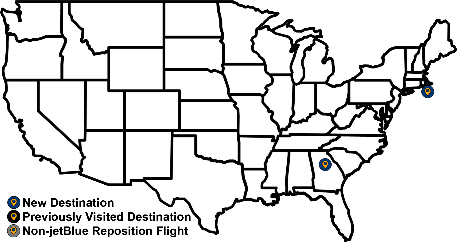 Map of Leg 5 in jetBlue 25 for 25 challenge showing 3 destinations over 1 day